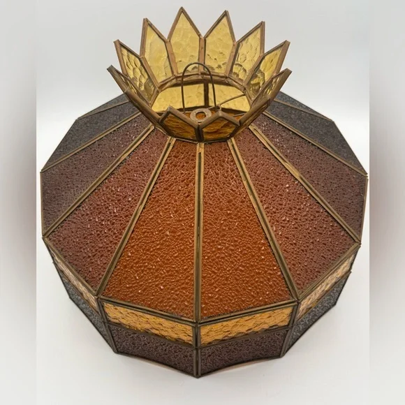 Vintage Tiffany Style Slag Glass Lamp Shade – Amber Honey Leaded Glass - Picture 3 of 9